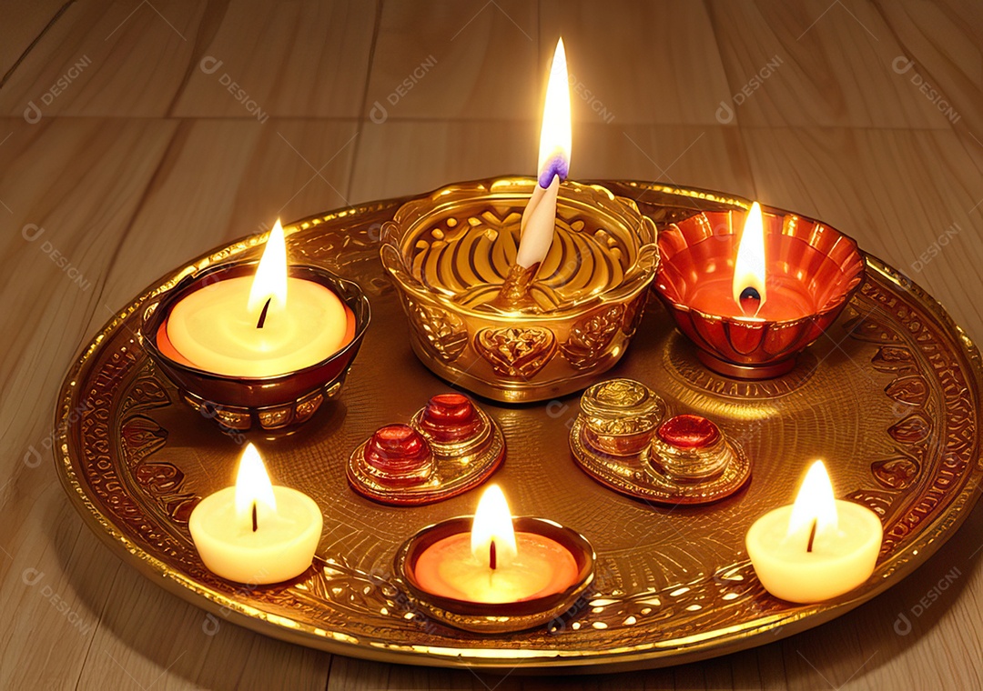 Festival com luzes de velas sobre uma mesa de madeira