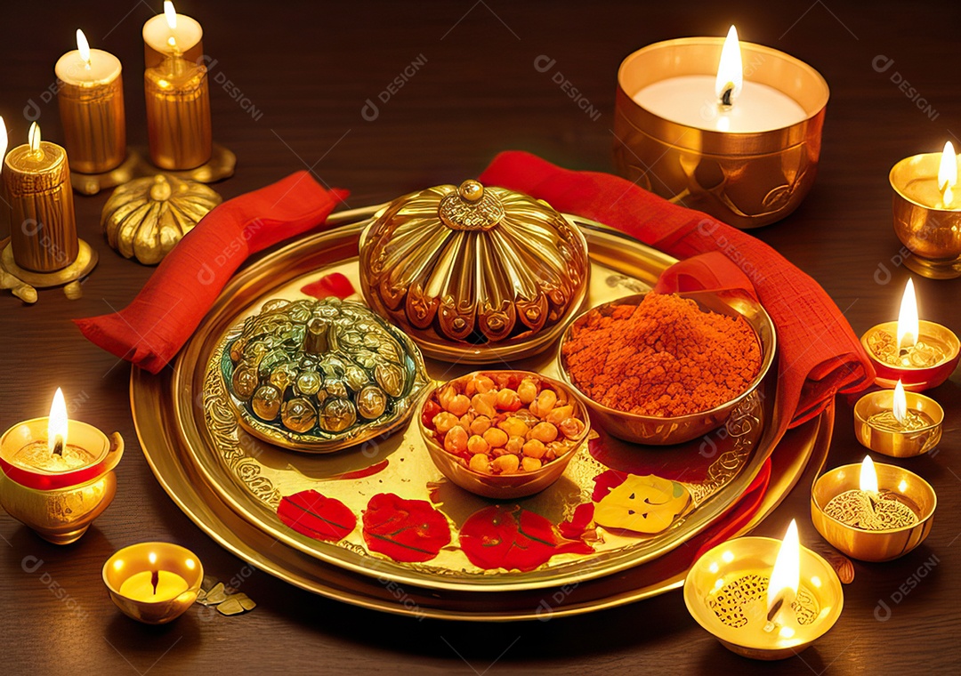 Festival com luzes de velas sobre uma mesa de madeira