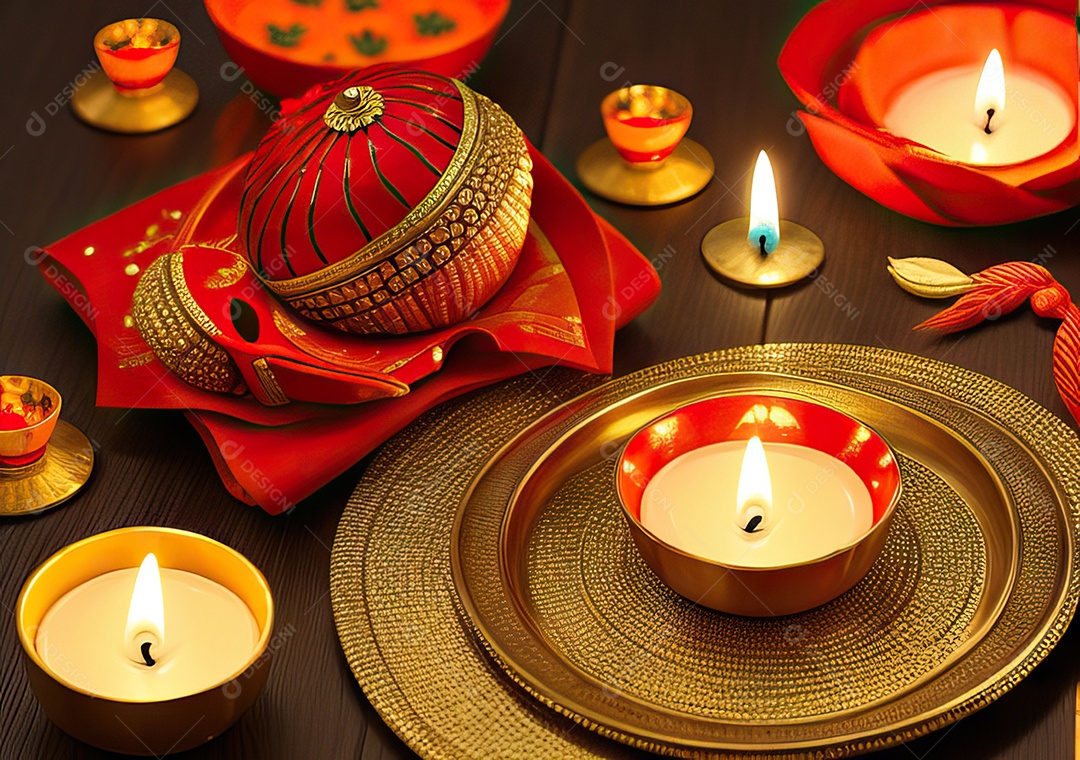 Festival com luzes de velas sobre uma mesa de madeira