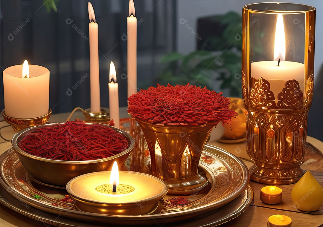 Festival com luzes de velas sobre uma mesa de madeir