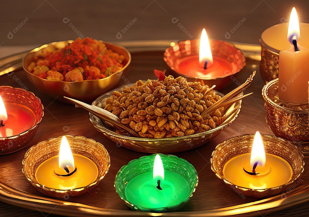 Festival com luzes de velas sobre uma mesa de madeira