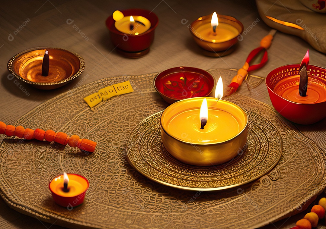 Festival com luzes de velas sobre uma mesa de madeira