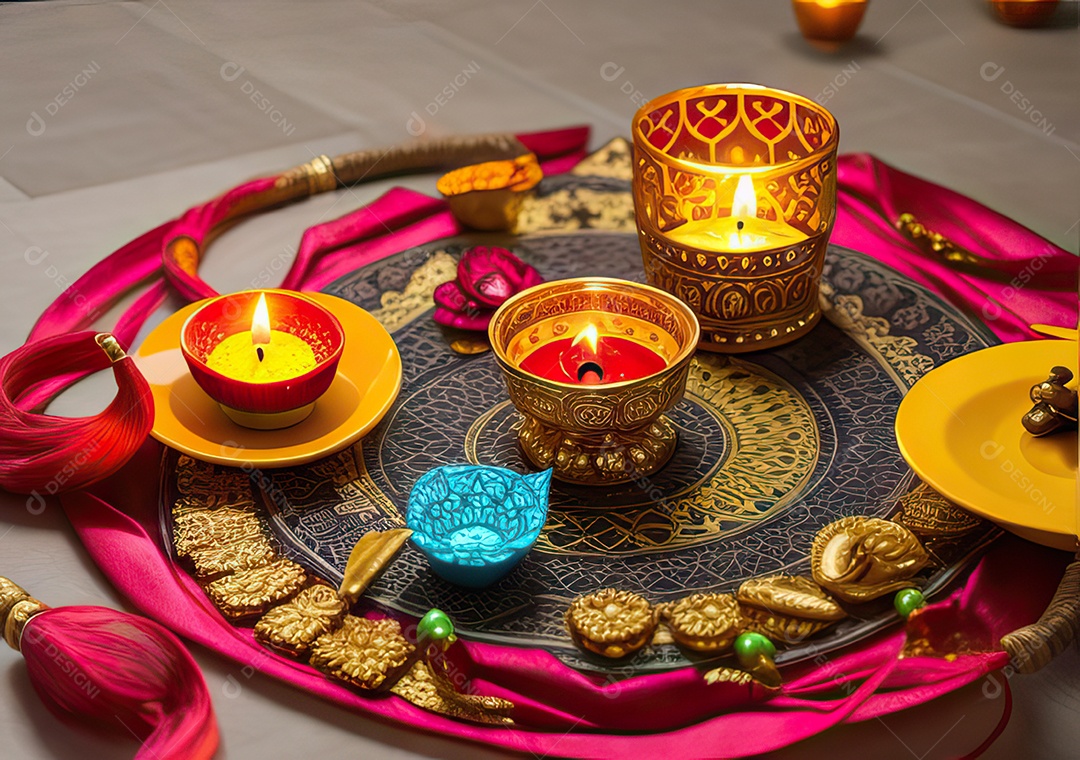 Festival com luzes de velas sobre uma mesa de madeira