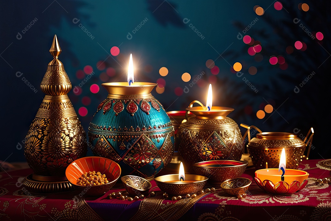 Festival com luzes de velas sobre uma mesa de madeira