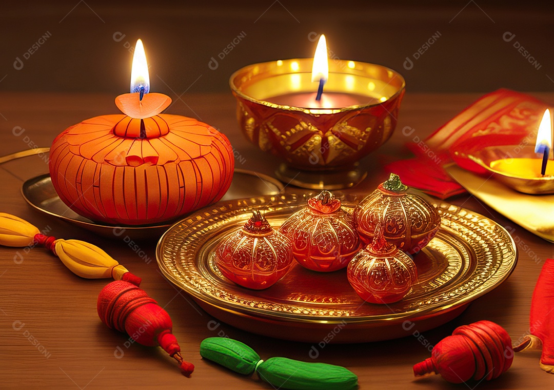 Festival com luzes de velas sobre uma mesa de madeira