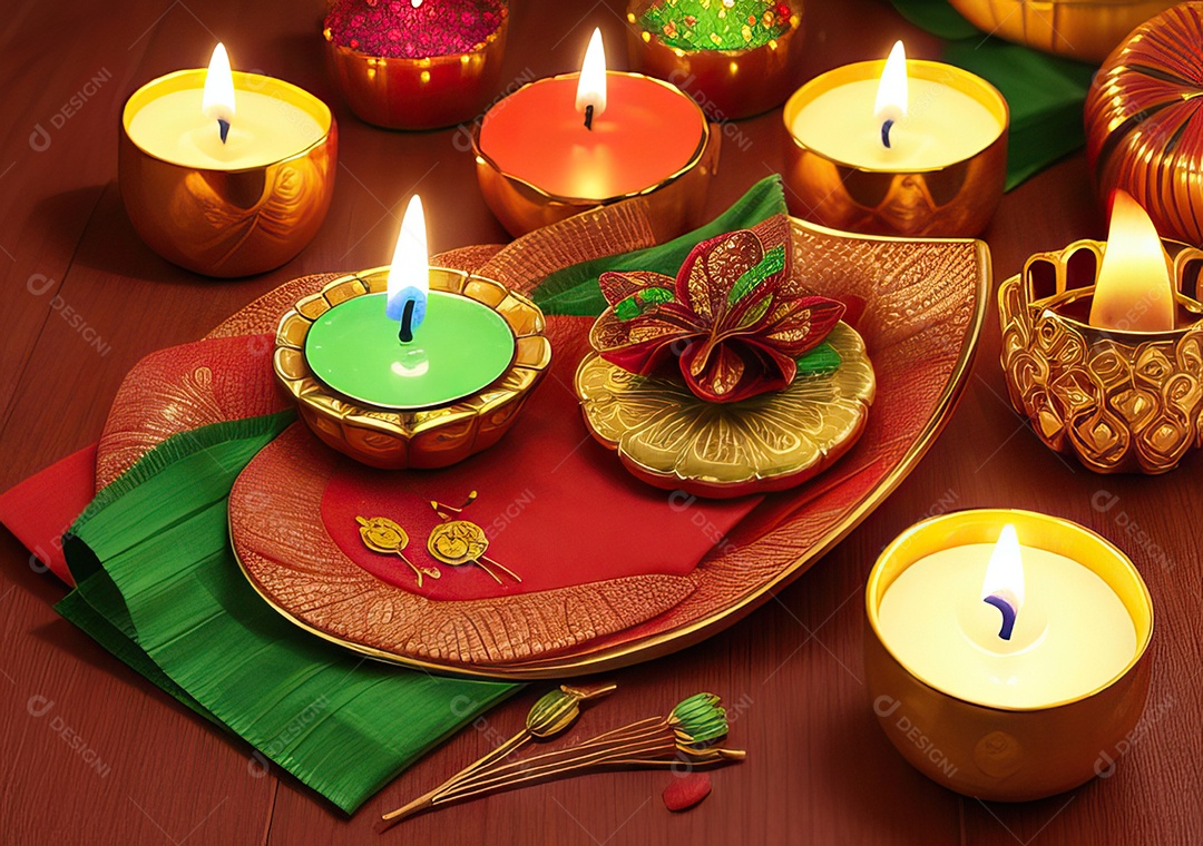 Festival com luzes de velas sobre uma mesa de madeira