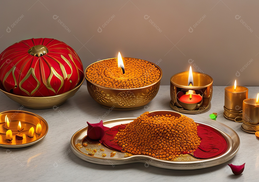 Festival com luzes de velas sobre uma mesa de madeira