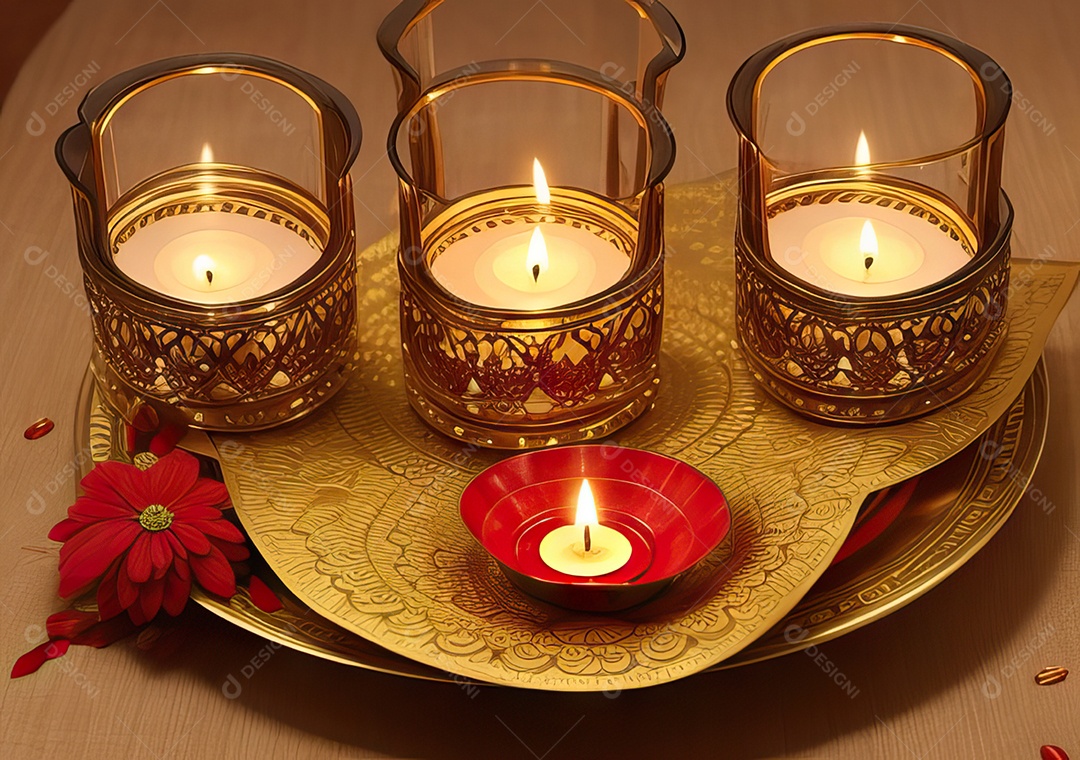 Festival com luzes de velas sobre uma mesa de madeira