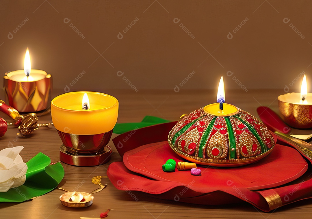 Festival com luzes de velas sobre uma mesa de madeira