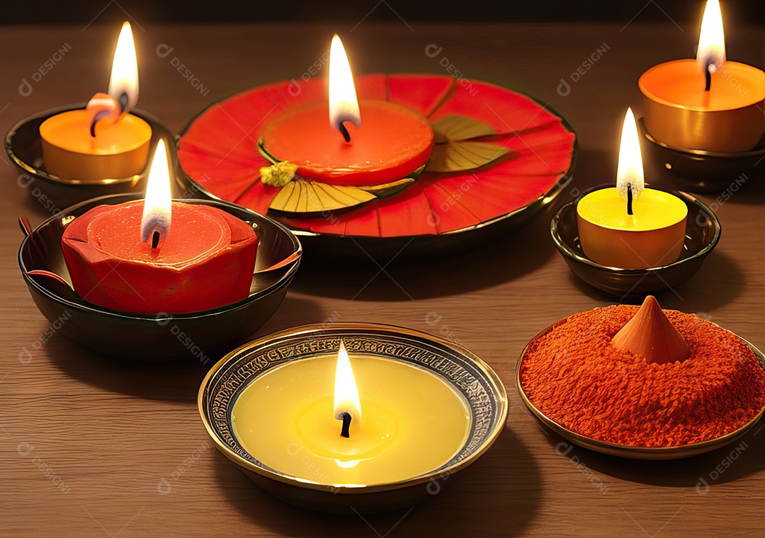 Festival com luzes de velas sobre uma mesa de madeira