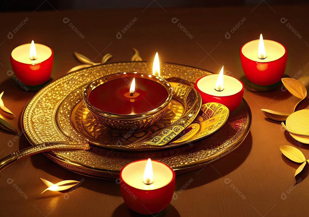 Festival com luzes de velas sobre uma mesa de madeira