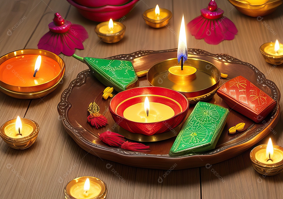 Festival com luzes de velas sobre uma mesa de madeira