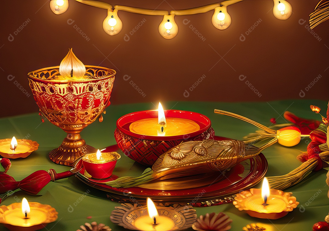 Festival com luzes de velas sobre uma mesa de madeira