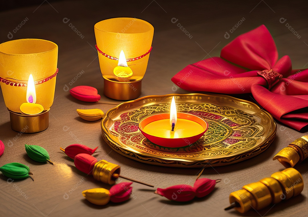 Festival com luzes de velas sobre uma mesa de madeira