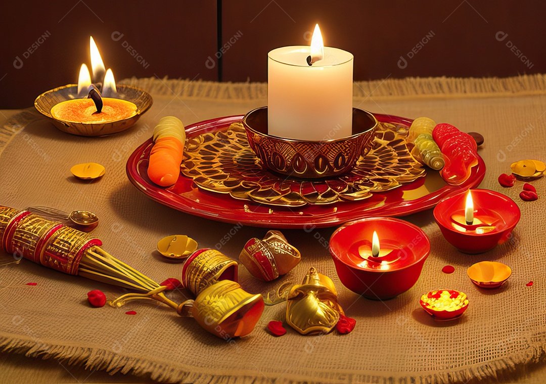 Festival com luzes de velas sobre uma mesa de madeira