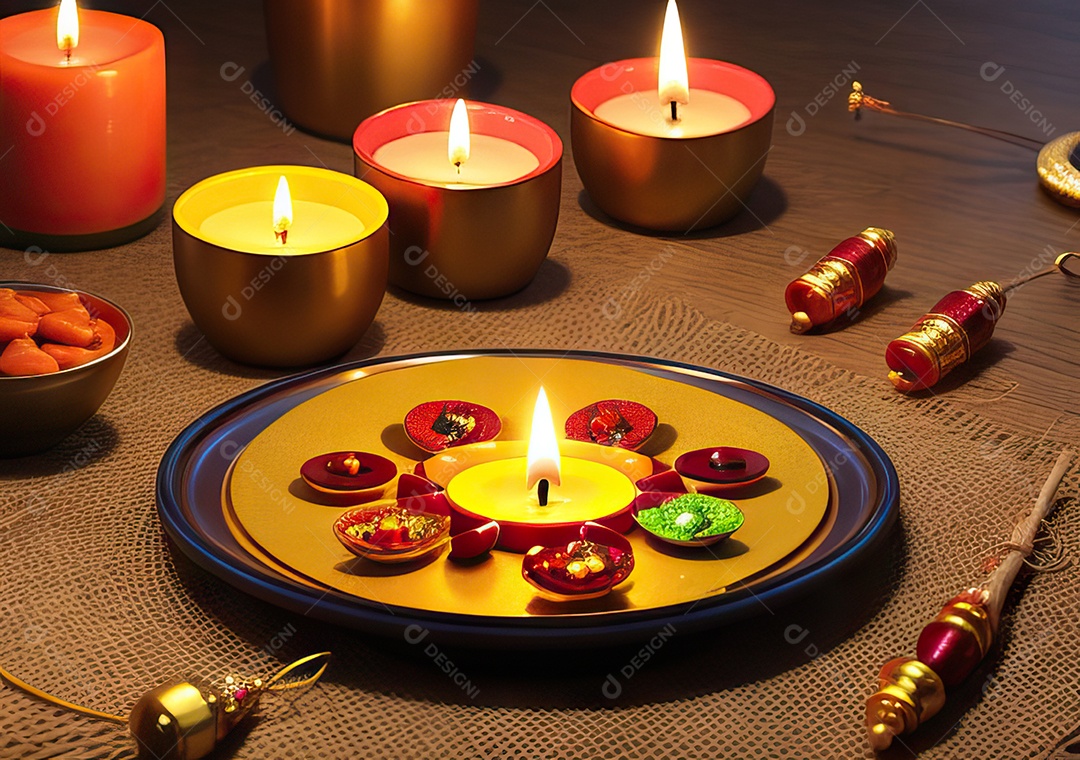 Festival com luzes de velas sobre uma mesa de madeira