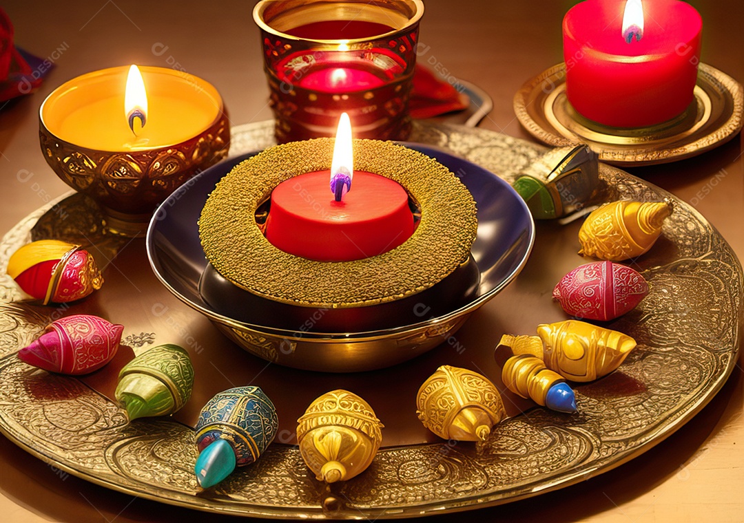 Festival com luzes de velas sobre uma mesa de madeira