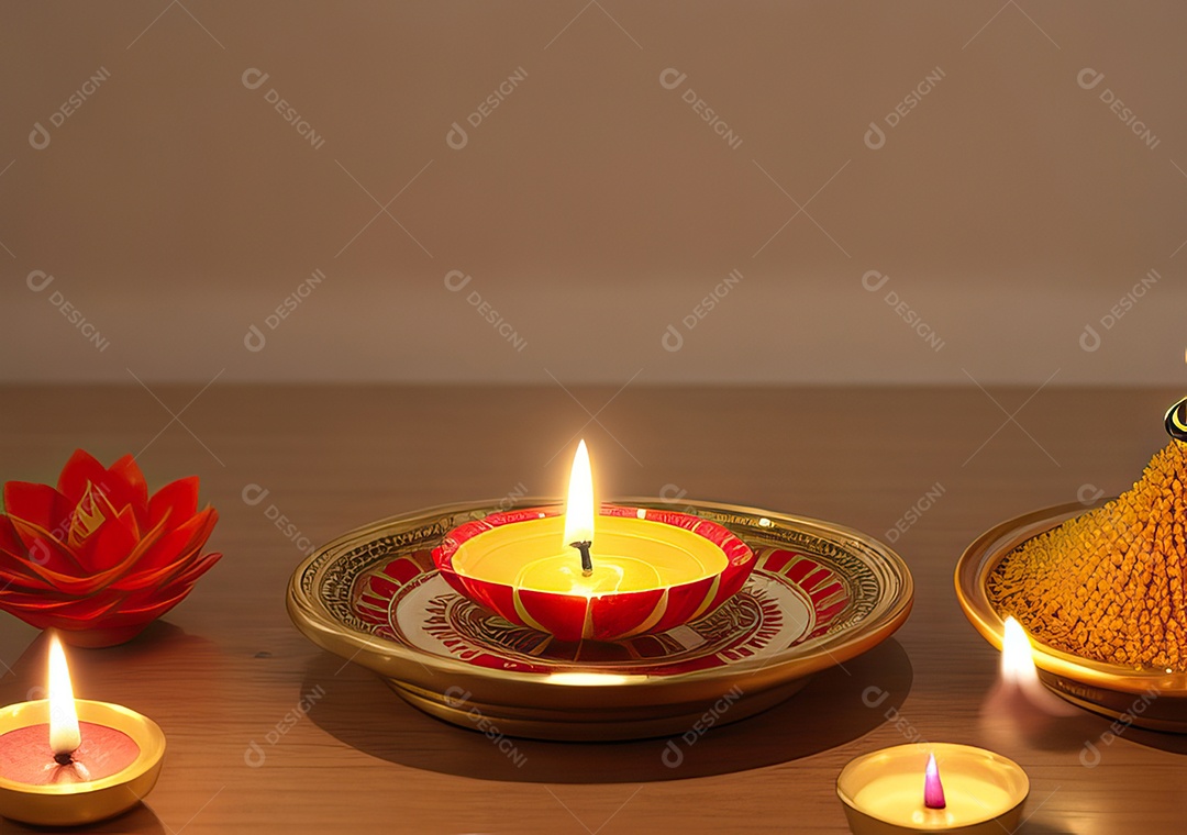 Festival com luzes de velas sobre uma mesa de madeira