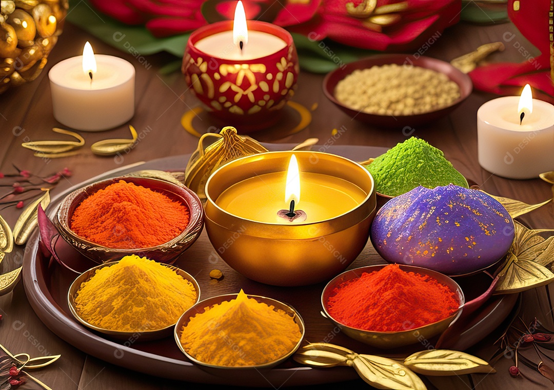 Festival com luzes de velas sobre uma mesa de madeira