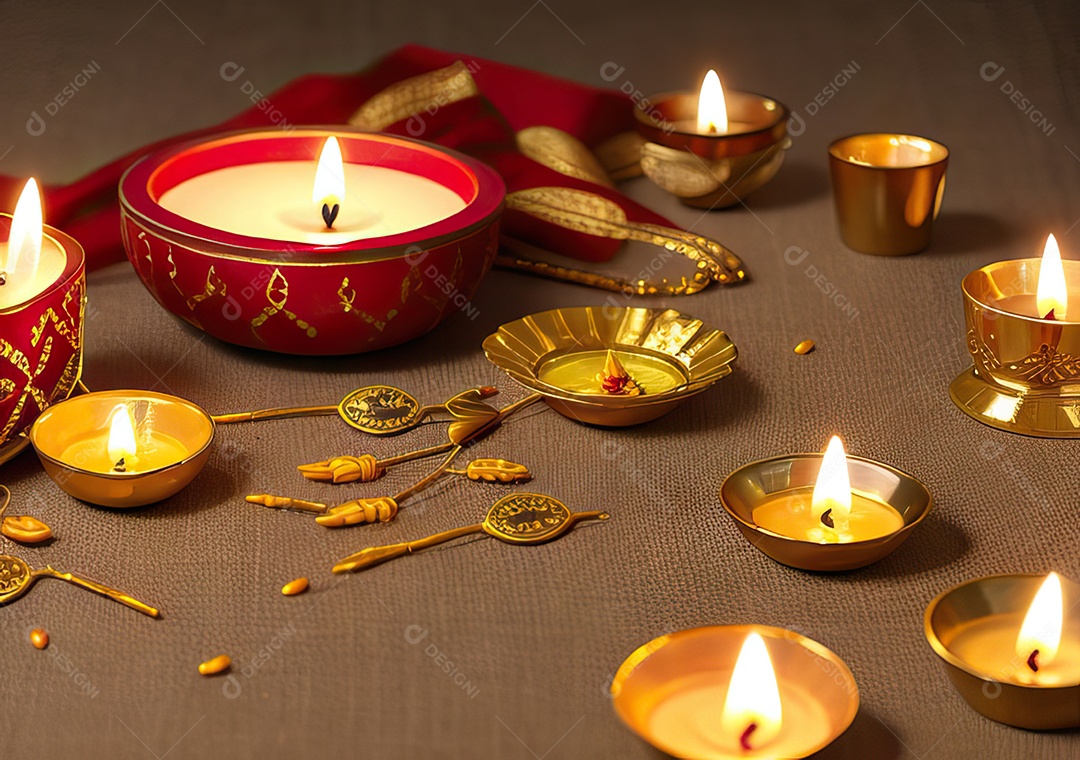 Festival com luzes de velas sobre uma mesa de madeira