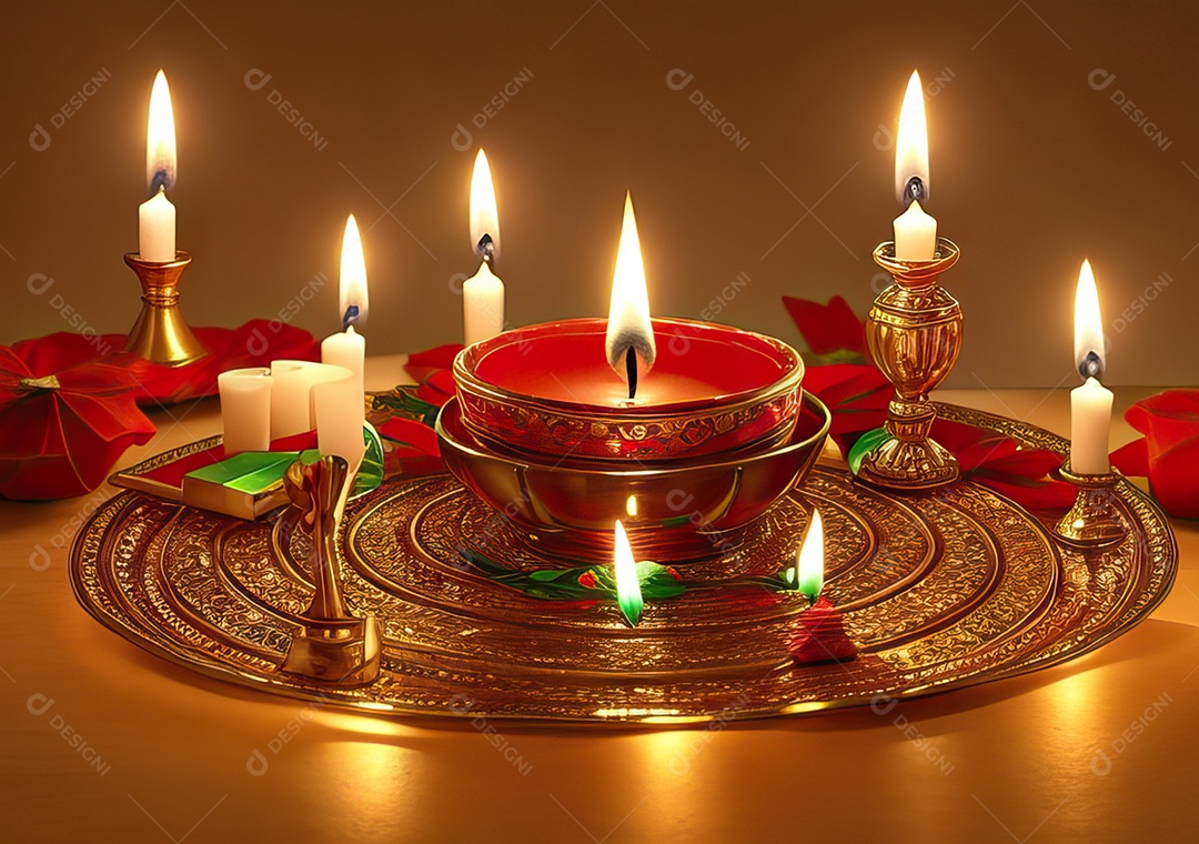 Festival com luzes de velas sobre uma mesa de madeira