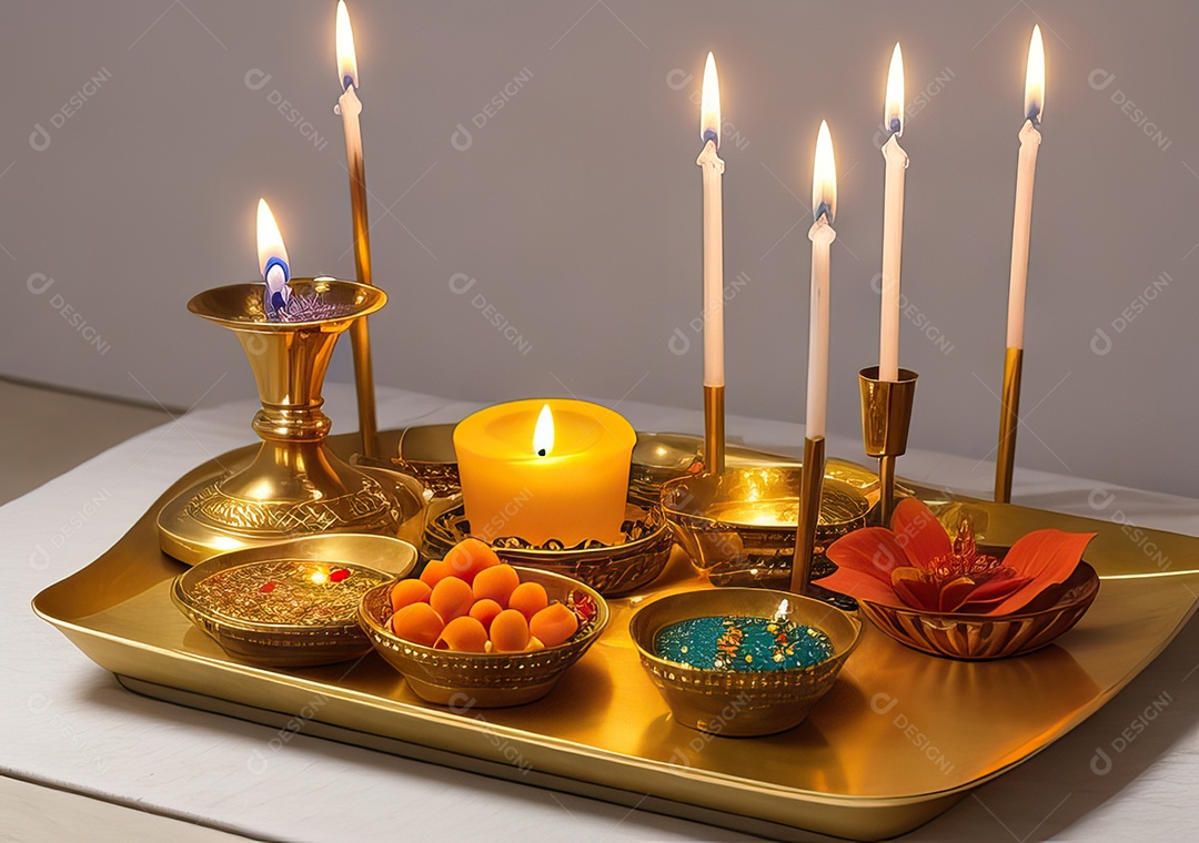 Festival com luzes de velas sobre uma mesa de madeira