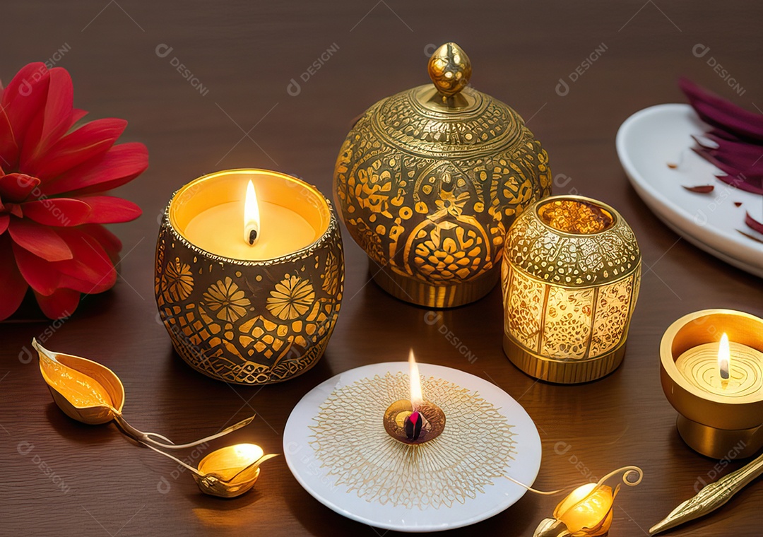 Festival com luzes de velas sobre uma mesa de madeira