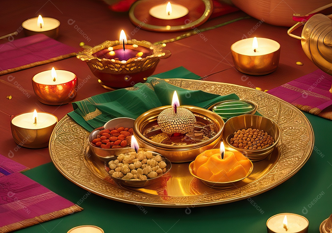 Festival com luzes de velas sobre uma mesa de madeira