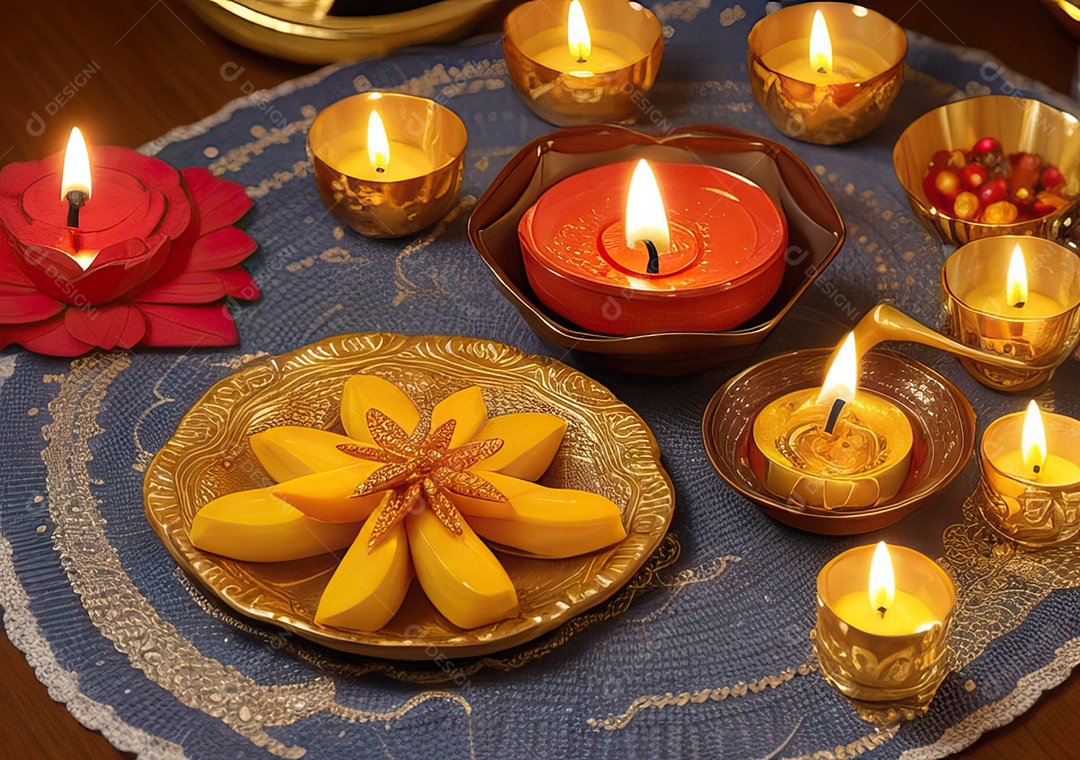 Festival com luzes de velas sobre uma mesa de madeira