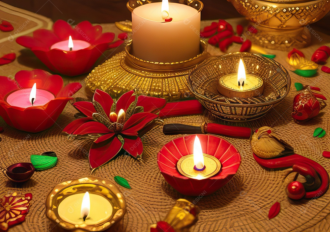 Festival com luzes de velas sobre uma mesa de madeira