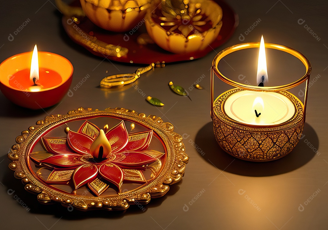 Festival com luzes de velas sobre uma mesa de madeira