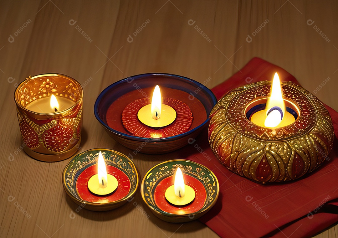 Festival com luzes de velas sobre uma mesa de madeira