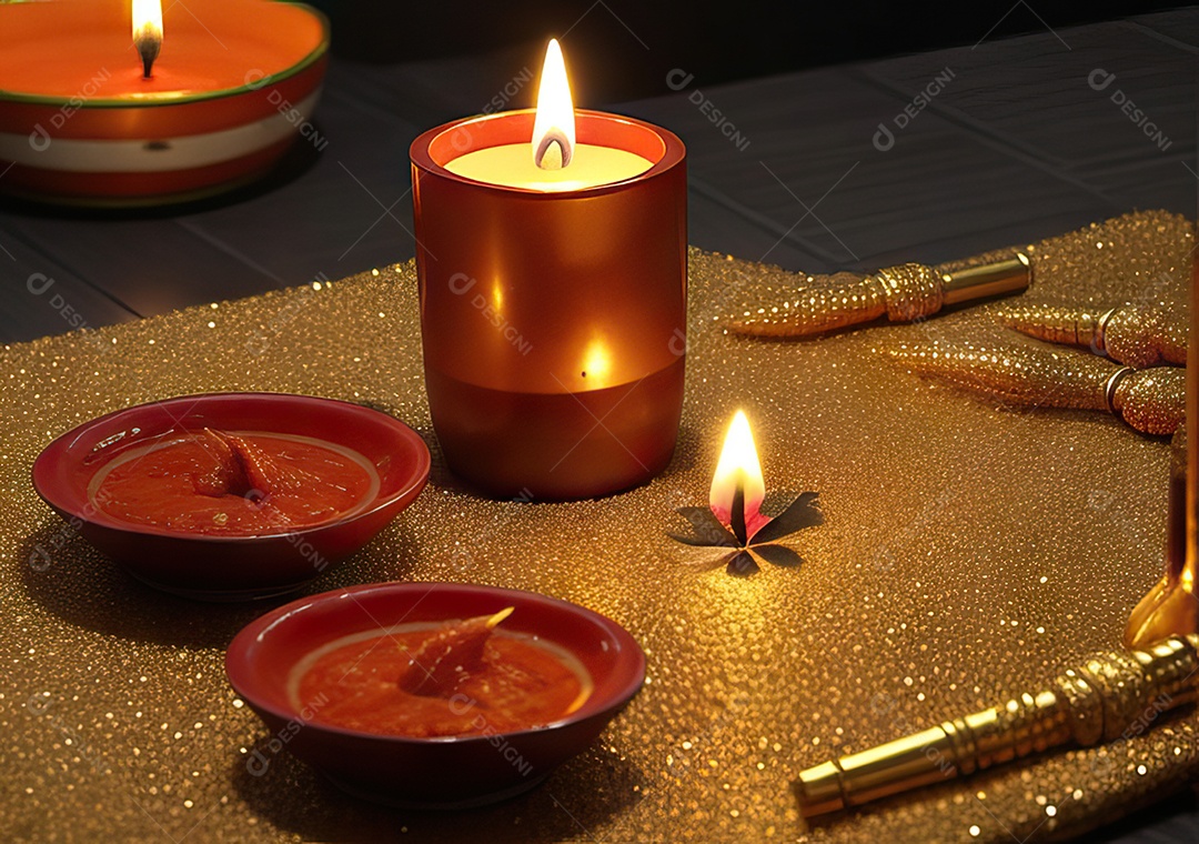 Festival com luzes de velas sobre uma mesa de madeira