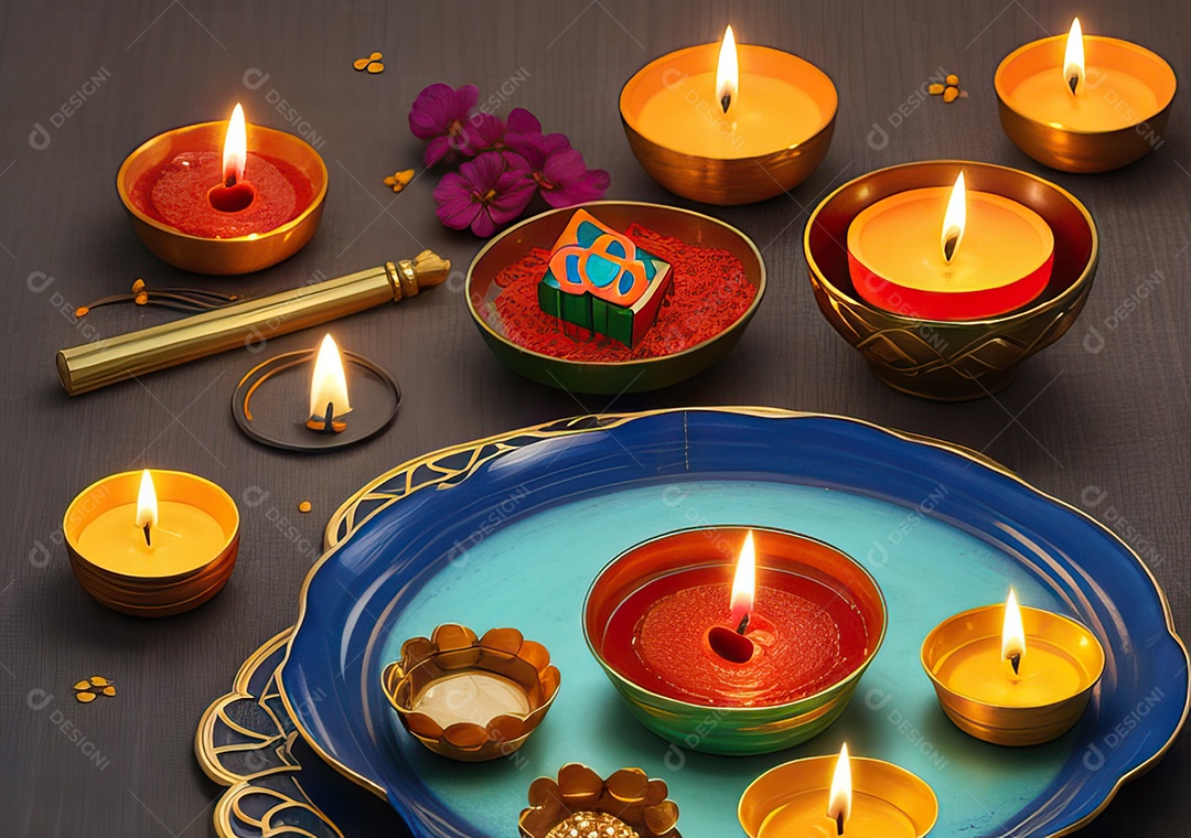 Festival com luzes de velas sobre uma mesa de madeira