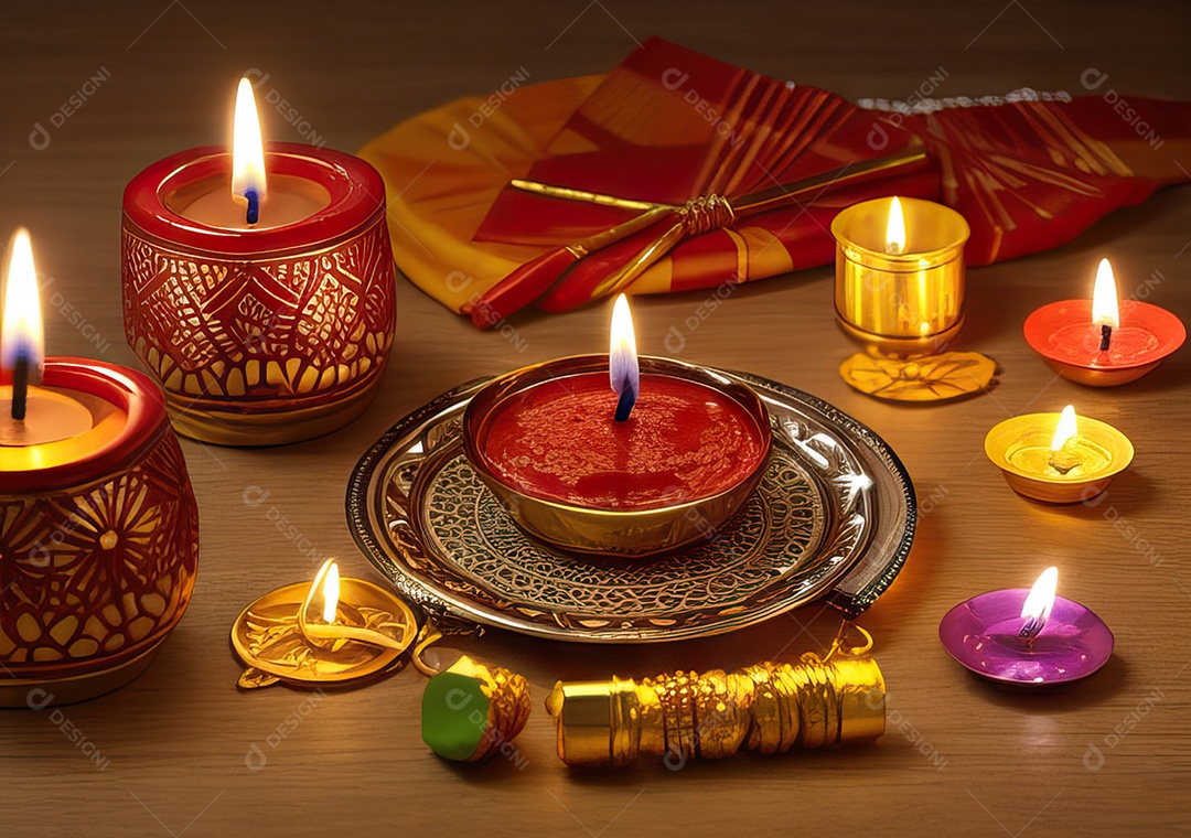 Festival com luzes de velas sobre uma mesa de madeira