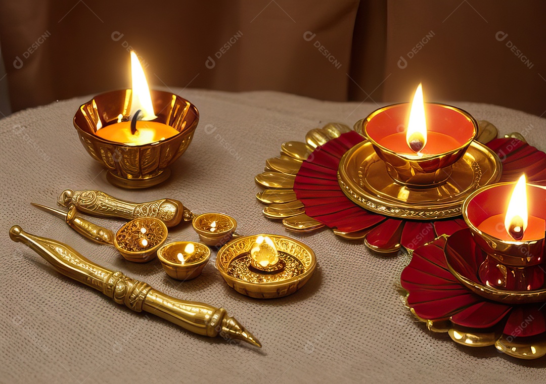 Festival com luzes de velas sobre uma mesa de madeira
