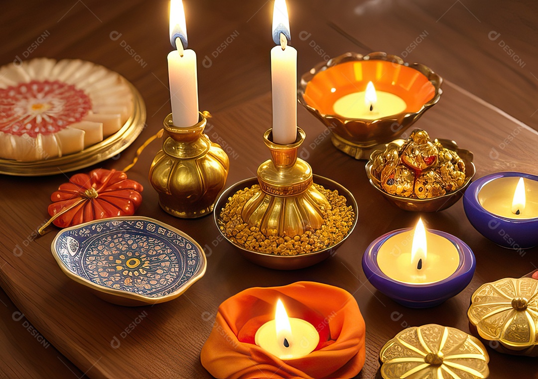 Festival com luzes de velas sobre uma mesa de madeira