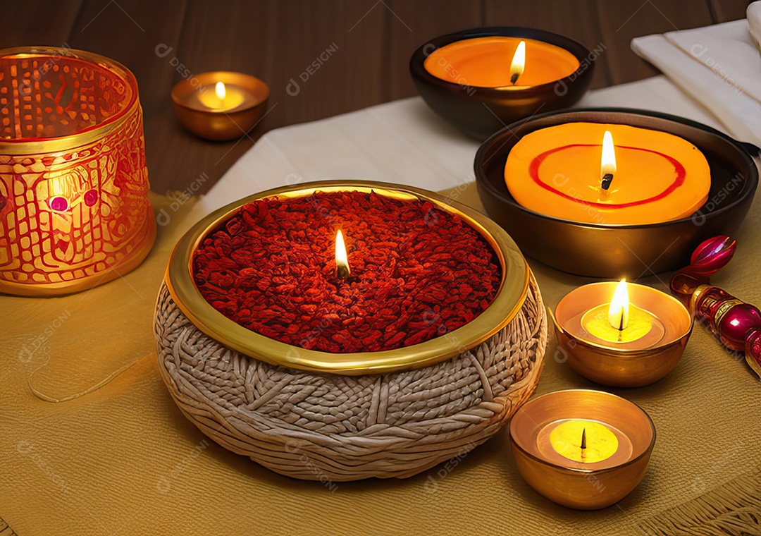 Festival com luzes de velas sobre uma mesa de madeira