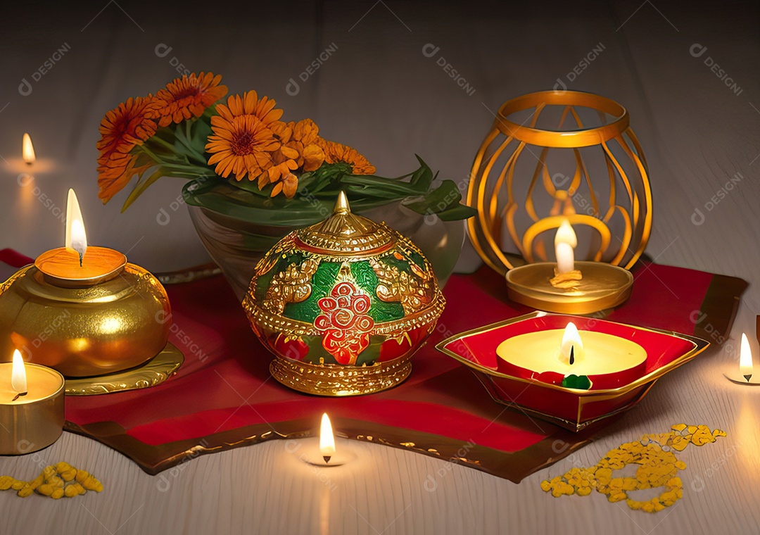 Festival com luzes de velas sobre uma mesa de madeira