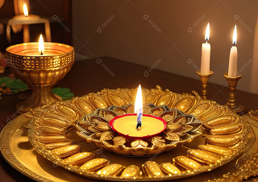 Festival com luzes de velas sobre uma mesa de madeira