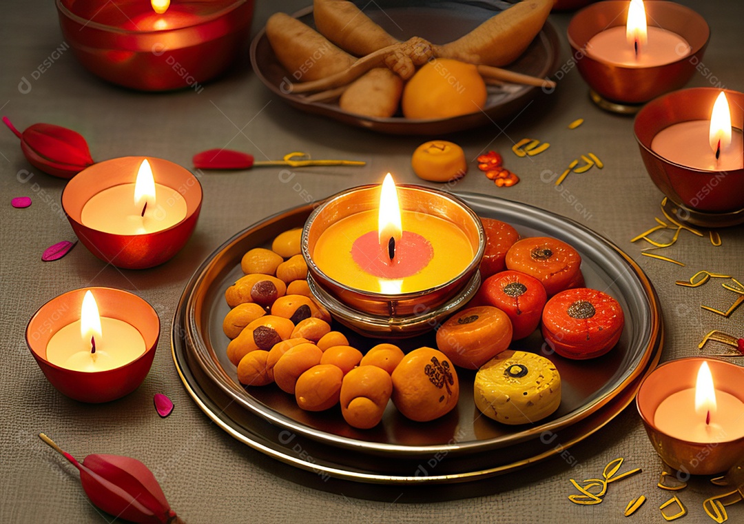 Festival com luzes de velas sobre uma mesa de madeir