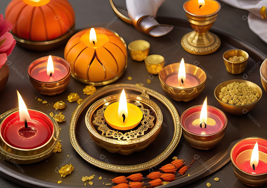 Festival com luzes de velas sobre uma mesa de madeira