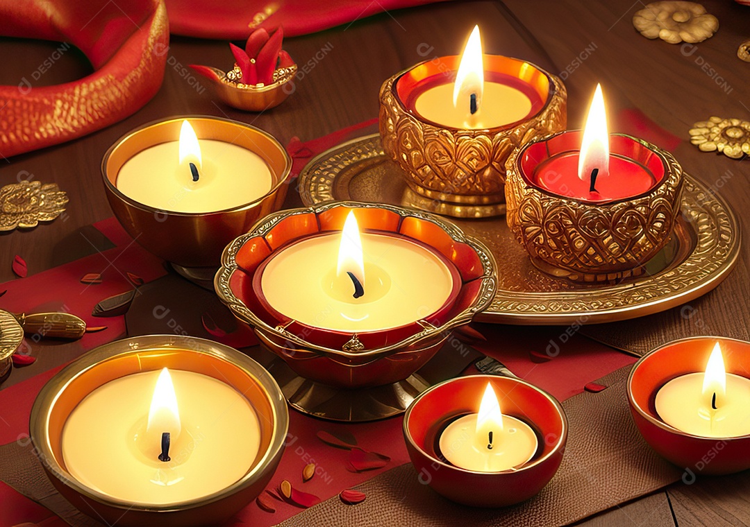 Festival com luzes de velas sobre uma mesa de madeira