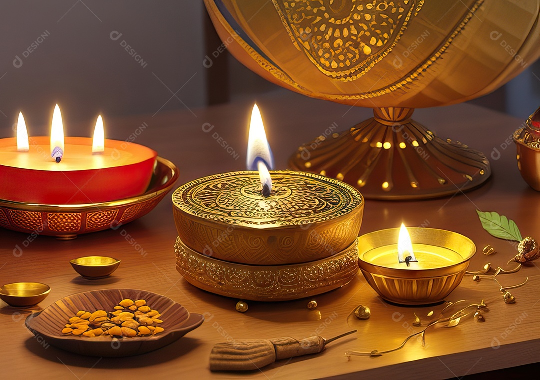 Festival com luzes de velas sobre uma mesa de madeira