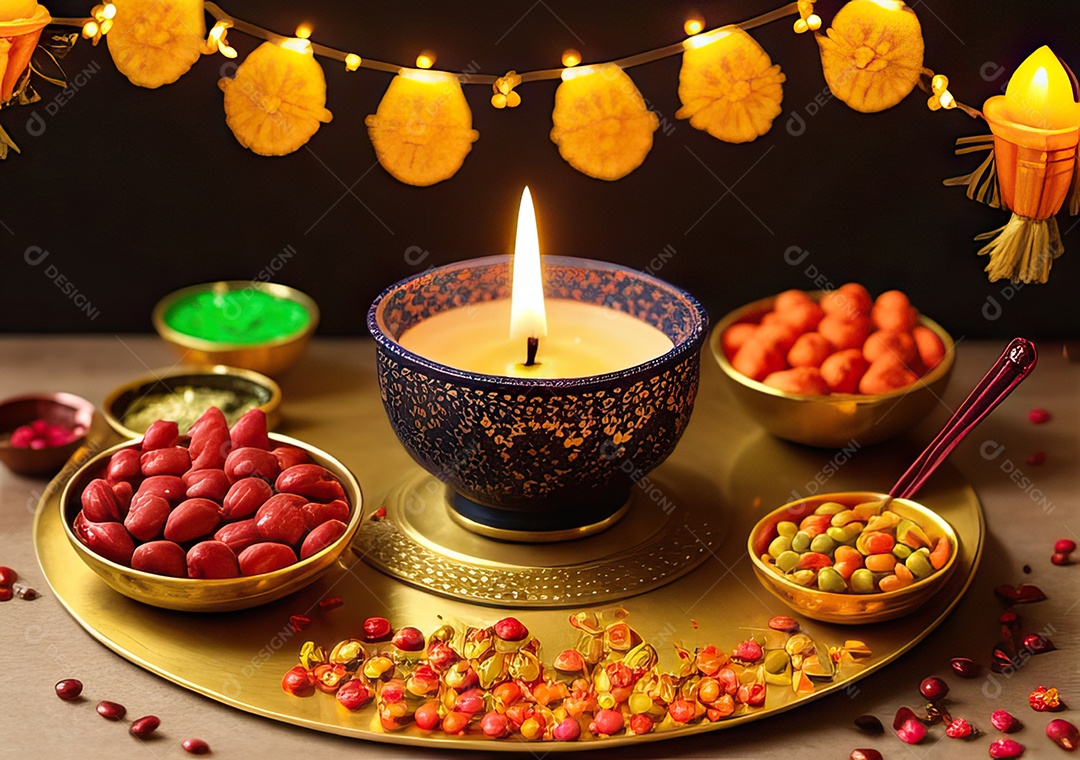 Festival com luzes de velas sobre uma mesa de madeira