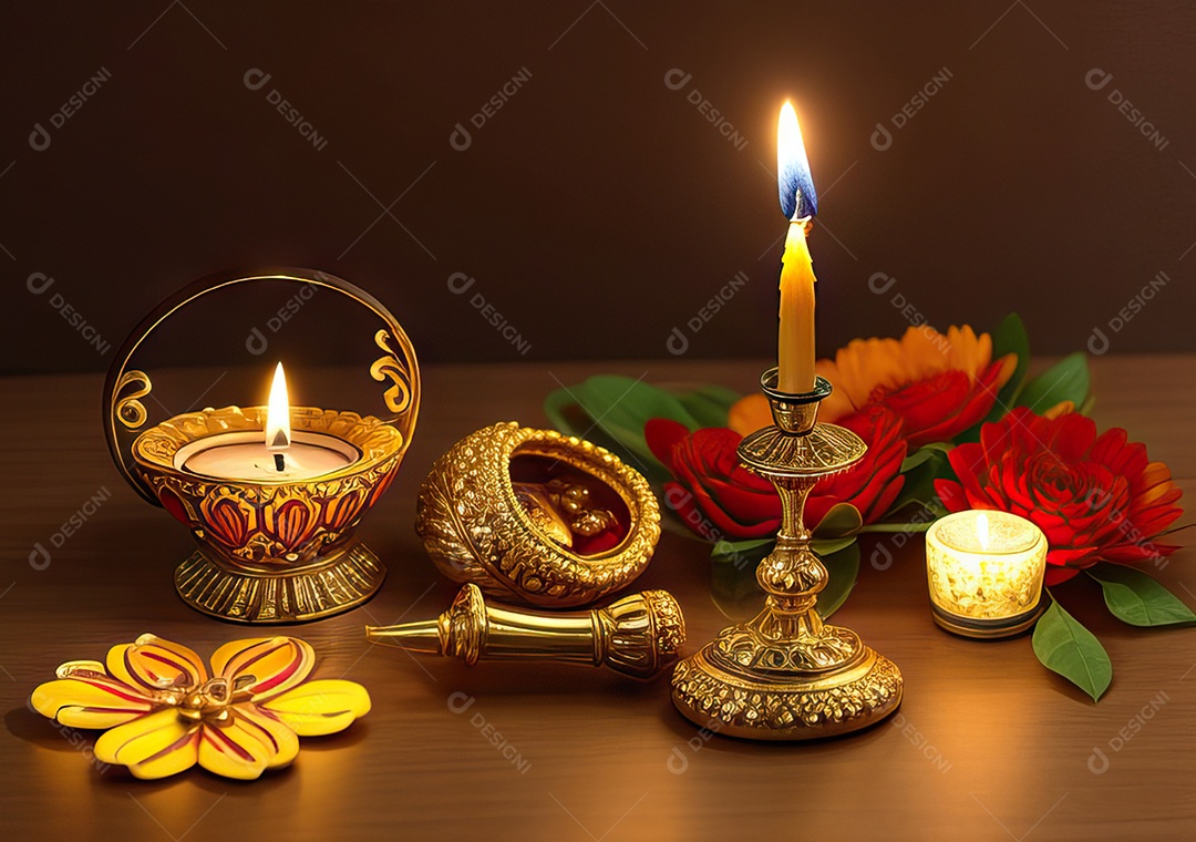 Festival com luzes de velas sobre uma mesa de madeira