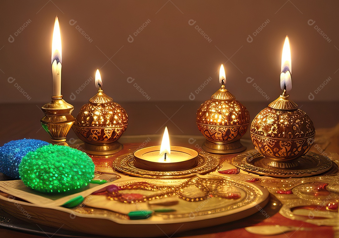 Festival com luzes de velas sobre uma mesa de madeira