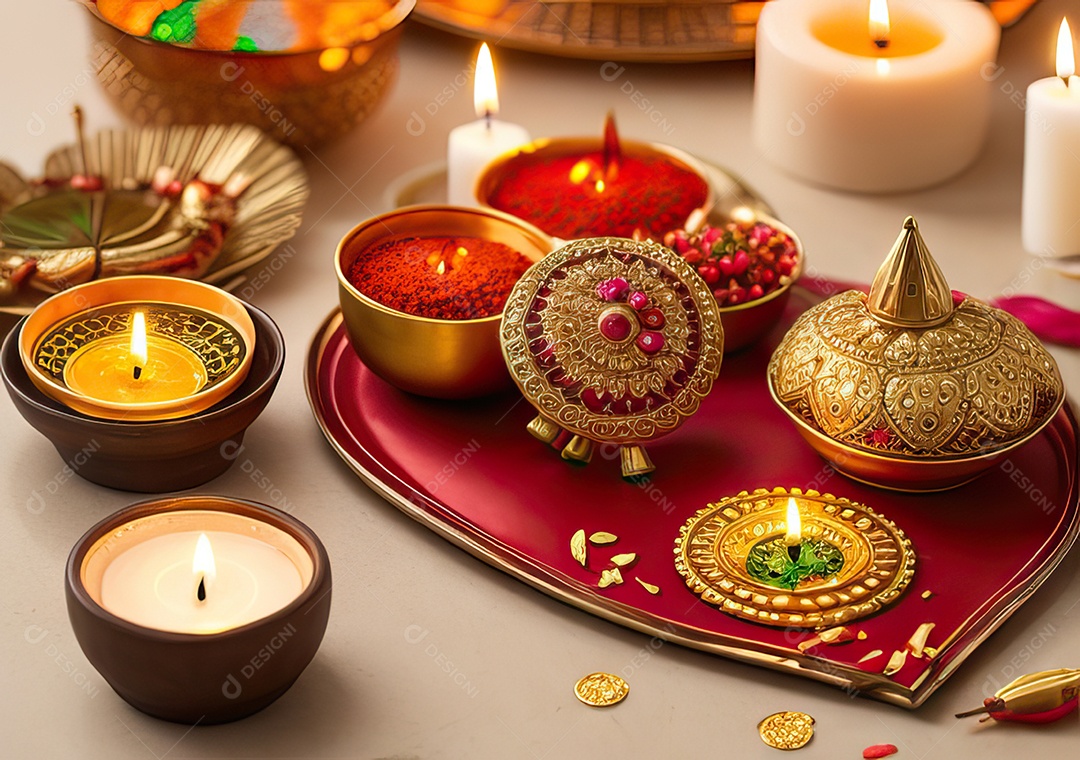 Festival com luzes de velas sobre uma mesa de madeira