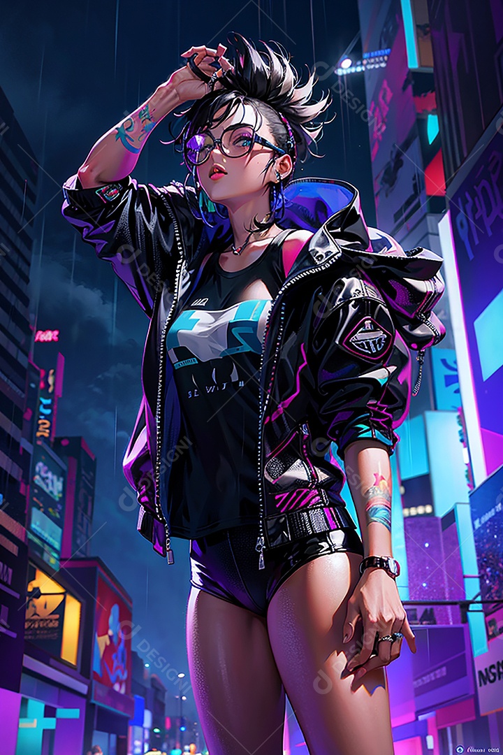 Anime pastel Sonho Cyberpunk menina adulto modelo cabelo curto olho