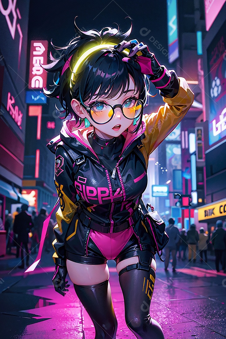 Anime pastel Sonho Cyberpunk menina adulto modelo cabelo curto olho